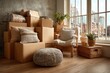 © SaroStock - Moving boxes and furniture inside apartment with city view from window