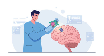 Futuristic concept of digital brain enhancement with microchips in flat style