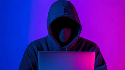 Mysterious hacker figure using laptop amidst vibrant blue and purple lighting in a dimly lit room, internet security concept