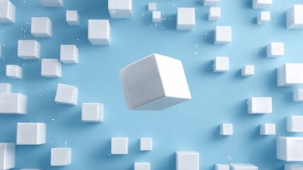 Wall Mural - a light blue background is filled with many white cubes of various sizes. a single larger white cube