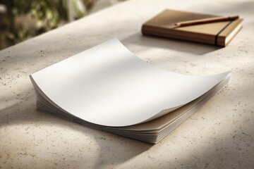 Poster - Blank white paper stack on a natural stone surface with soft light and shadows.