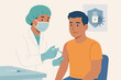 © as ama - Vaccination flat vector illustration – doctor giving injection to patient for immunization, virus protection, and disease prevention