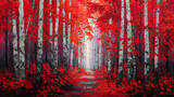 Vibrant crimson forest pathway with birch trees autumn forest red leaves