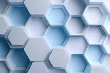 Poster - abstract illustration of glowing blue hexagon in a network of grey and white hexagonal geometric sha
