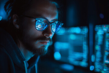 A man wearing glasses is looking at a computer screen
