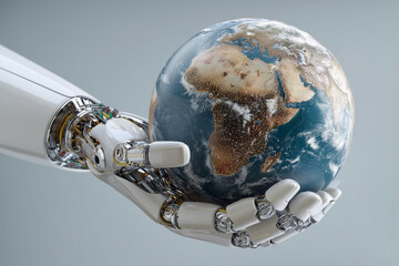 Poster - A robot is holding a globe in its hand