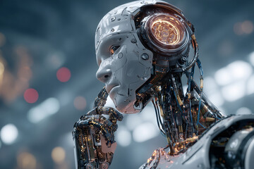 Poster - A robot with a face and a pair of headphones is looking down