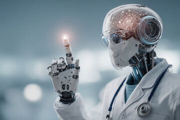 Poster - A robot doctor is pointing to a button on a screen