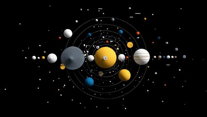 Wall Mural - abstract solar system, various colored planets orbiting a central point, against a black background.