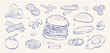 © Екатерина Заносиенко - Burger menu vintage template. Hand drawn fast food sketches of a hamburger ingredients. Doodle style icons for menu design, banners, packaging. Vector illustration