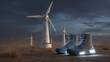 © nur khayati w - Futuristic boots glowing in a desolate wind farm at dusk