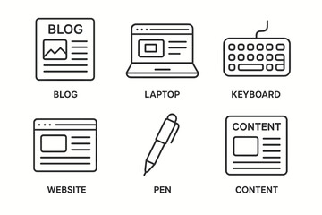 Minimalist icons of blog, laptop, keyboard, website, pen, and content