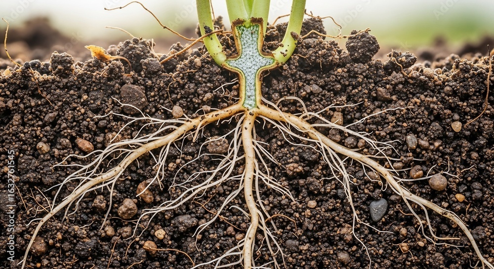 Visble Roots ภาพประกอบ Stock Detailed cross-section of plant roots anchoring in rich ...