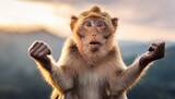 a curious monkey with a confused expression raises its arms giving an impression of questioning or seeking understanding