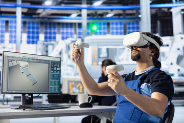 Poster - Solar panels plant technician using VR technology to optimize manufacturing workflow. Photovoltaics factory employee using virtual reality gear to visualize and interact with solar panel designs