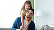 © Prostock-studio - Portrait Of Happy Arabic Father And His Little Daughter Posing At Home, Adorable Girl Hugging Her Daddy And Smiling, Middle Eastern Family Enjoying Spending Time Together, Copy Space