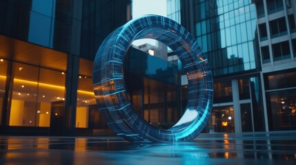 Futuristic ring-shaped structure in a city setting.