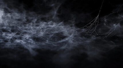 Ethereal spider web glistening in misty darkness, creating a haunting atmosphere