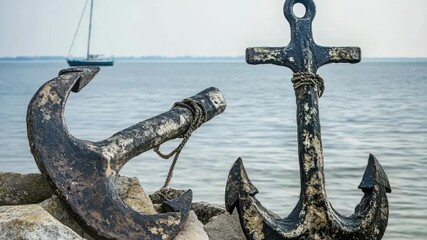 Wall Mural - a large anchor sits atop a rocky outcropping overlooking the ocean, perfect for use in coastal-theme