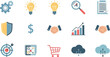 © mtariqfarooq - Illustration of business and finance icons including gear lightbulb handshake and cloud computing