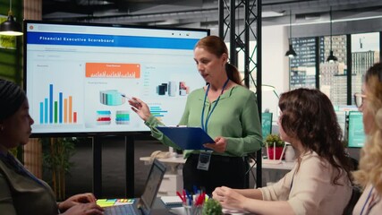 Poster - Woman CEO presenting ambitious business goals and growth strategy, entering a brainstorming session with shareholders and associates. Symbolizing corporate feminism in the office. Camera A.