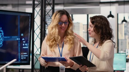 Poster - Team of colleagues using strategic artificial intelligence cloud computing to conduct data analysis, optimized decision making and project forecasting. Development with automation. Camera B.