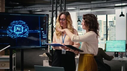 Poster - Team of colleagues using strategic artificial intelligence cloud computing to conduct data analysis, optimized decision making and project forecasting. Development with automation. Camera A.