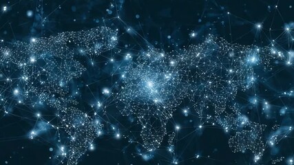 Wall Mural - a digital world map formed by interconnected glowing dots and lines, set against a dark blue backdro