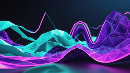 Poster - Abstract digital waveforms with vibrant neon colors and geometric polygons representing data visualization, technology, and digital innovation concepts