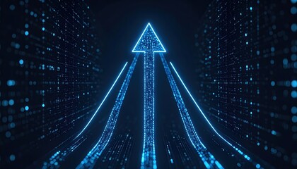 Poster - Futuristic glowing arrow pointing upward with digital data lines and glowing particles in a high-tech abstract digital background for technology innovation concept