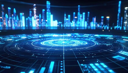 Poster - Futuristic digital technology concept with holographic interface and glowing data visualization in a dark high tech environment for digital innovation and smart systems