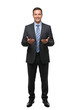 © mamo studios - Full-Length Studio Portrait of Smiling Businessman Gesturing on White Background