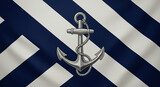Silver anchor with rope on a wavy blue and white striped background, resembling a nautical flag. Ideal for maritime, travel, or security-related designs, symbolizing stability and adventure