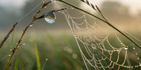Spiderweb covered in dew drops hanging from a plant in a field on a foggy morning landscape view