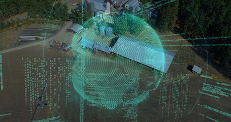 Poster - Displaying digital wireframe sphere hovering over grassy field with barn and forest, code streams