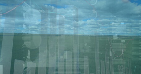 Poster - Hovering translucent financial data visual overlays above rural grassland, with charts and panels