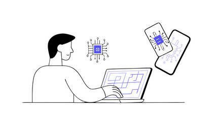 ai artificial intelligence data science information technology concept. businessman touching on ai machine learning on virtual screen with big data computer code