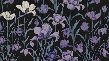 purple iris illustration and vector graphics. the illustration is outlined with fine lines to highli