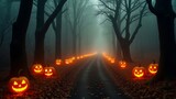 A spooky road lined with glowing jack o lanterns leading into a foggy and dark forest at halloween time