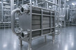 © newlifestock - Stainless steel heat exchanger industry setting with pipes and machinery for efficient thermal energy transfer and fluid processing manufacturing