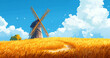 © Aisyaqilumar - A beautiful illustration of a wooden windmill standing in a golden wheat field and a bright blue sky filled with white clouds.