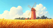 © Aisyaqilumar - A beautiful illustration of a wooden windmill standing in a golden wheat field and a bright blue sky filled with white clouds.