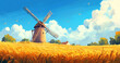 © Aisyaqilumar - A beautiful illustration of a wooden windmill standing in a golden wheat field and a bright blue sky filled with white clouds.
