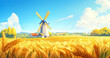 © Aisyaqilumar - A beautiful illustration of a wooden windmill standing in a golden wheat field and a bright blue sky filled with white clouds.
