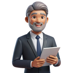 Poster - 3d cartoon businessman holding tablet isolated on transparent background