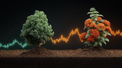 Wall Mural - two plants growing in soil connected by a rising line graph symbolizing growth and progress