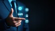 © Robert - A man in a suit showcasing digital security icons, emphasizing the importance of safe communication and data protection in a modern, tech-savvy environment.