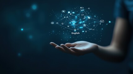 A digital representation of English language connections, shown as interconnected icons in a glowing network format above a hand, symbolizing communication and technology.
