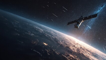 Wall Mural - Satellite above Earth, meteors, sunrise