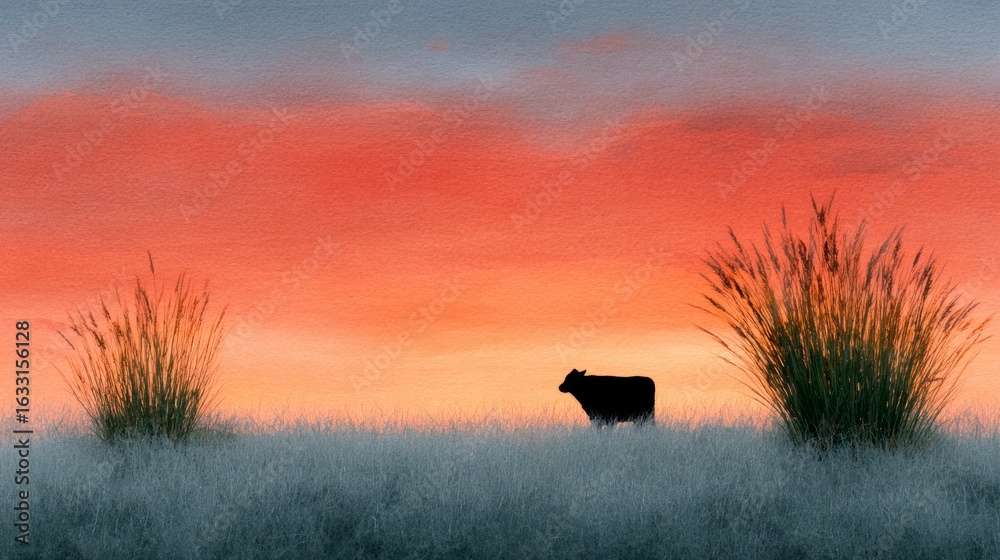Silhouette of a cow standing in tall grass with a vibrant orange and ...
